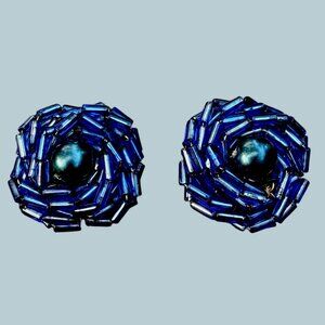 Vintage Blue Beaded Clip-On Earrings with Faux Pearl Center Mid-Century Korea